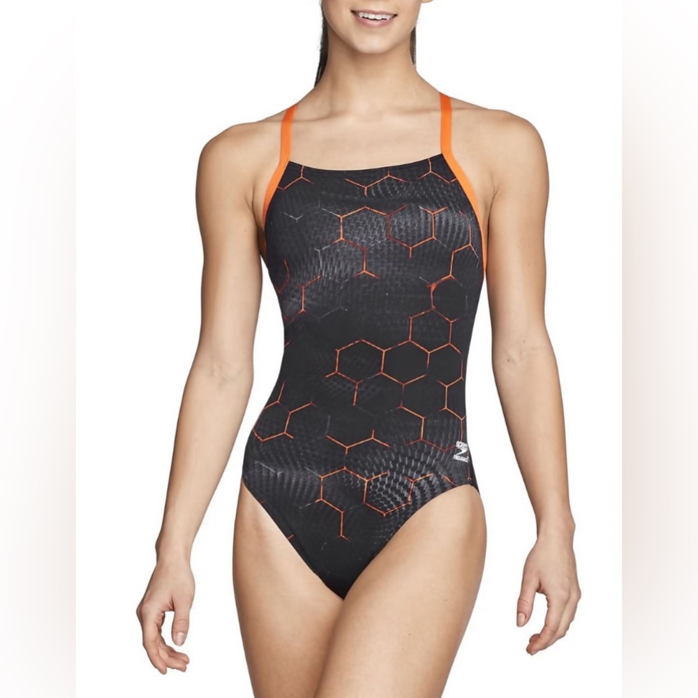 Speedo Emerging Force Flyback Womens Competitive Swimsuit Black Orange Size 6/32